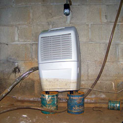 A crawl space dehumidifier up on coffee cans, with a muddy water mark halfway up