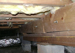 sagging crawl space with wooden shimming a Parksville crawl space